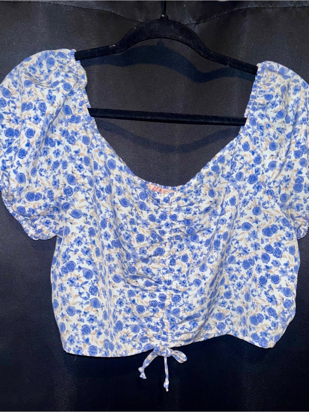 Blue Floral Drawstring Crop Top with Puff Sleeves